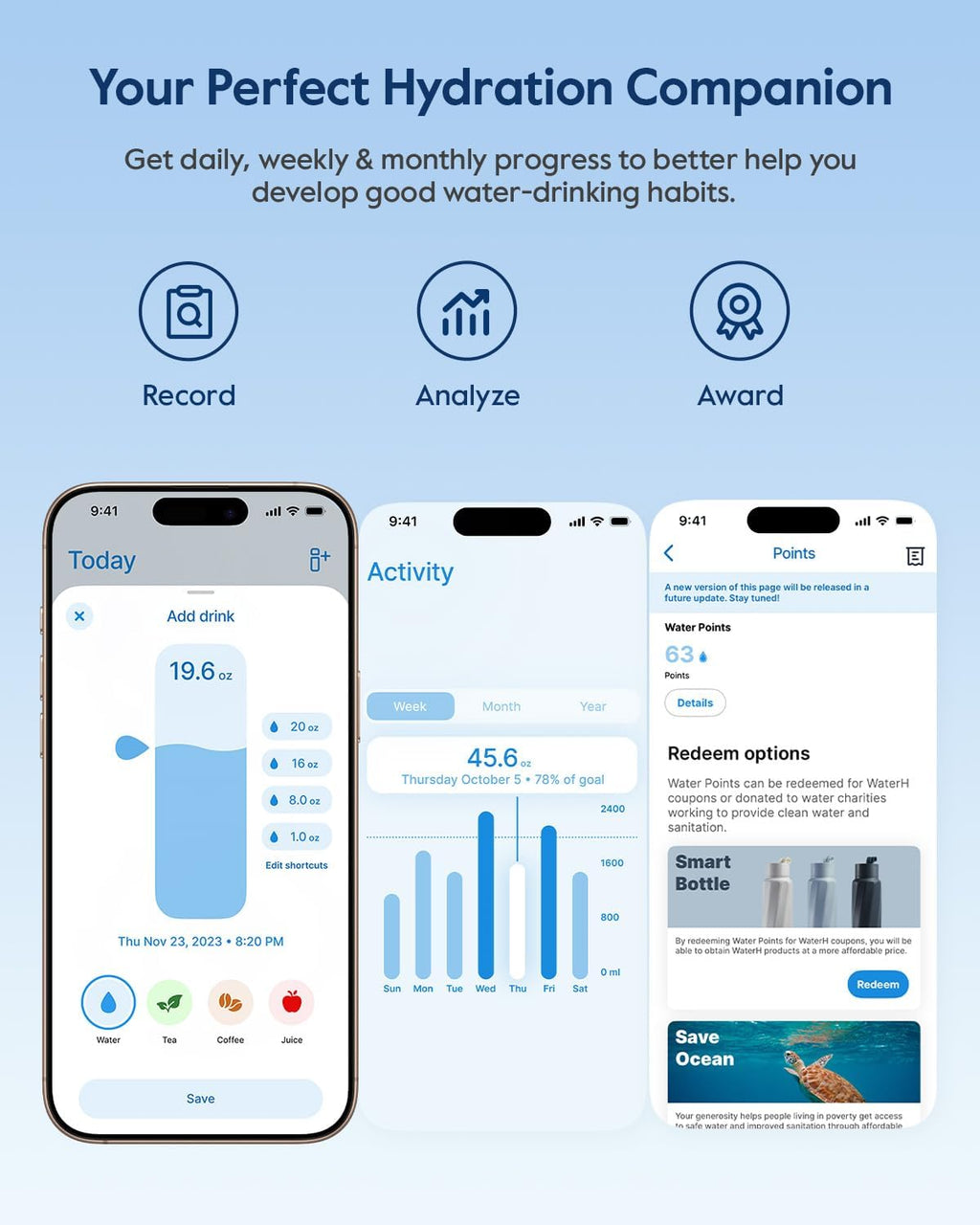 BOOST Smart Water Bottle with Reminder & Tracker, Double Wall Vacuum Insulated Bottles Stainless Steel, 32Oz Bpa-Free Wide Mouth for Gym, Office, School, Ideal Gift for Christmas, Thanksgiving Day